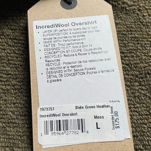 Prana IncrediWool Overshirt Men's L Slate Green Heather Slim Fit Performance - Picture 6 of 10